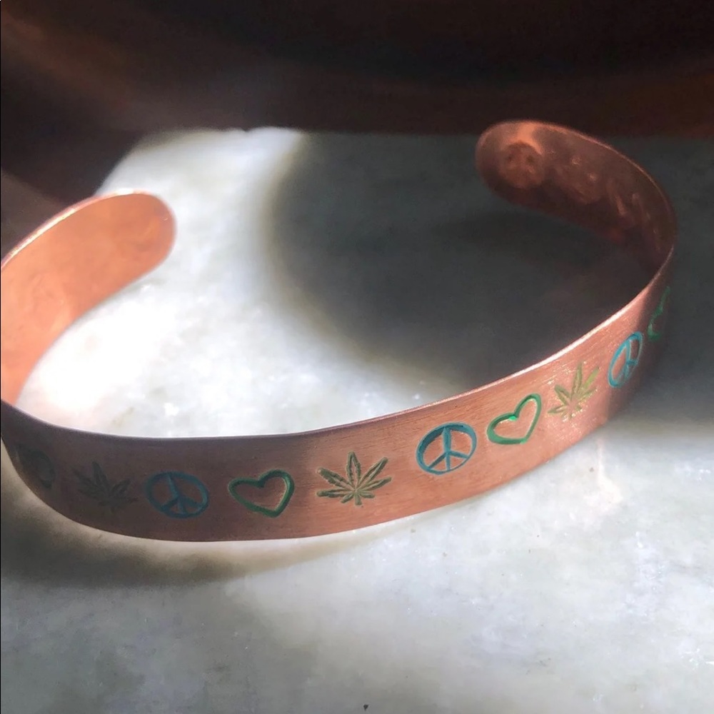 Peace Love cannabis handmade copper cuff bracelet